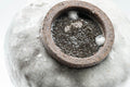 Japanese Matcha Bowl - Snowy Wabi-Sabi Hantsutsu-gata Chawan - 300ml - closeup of the interior and foot showing the tea-dust glaze
