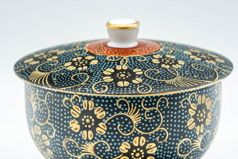 Japanese Teacup - 九谷焼 Floral Aochibu Kutani-yaki Porcelain Lidded Yunomi - 120ml