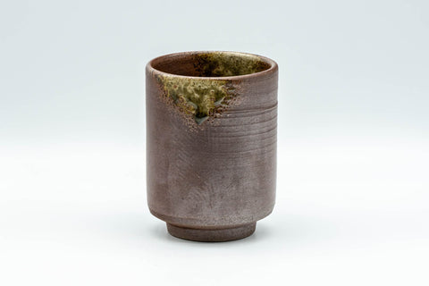 Japanese Teacup - Stoneware Shigaraki-yaki Yunomi - 190ml - front view of the rustic brown stoneware with a green ash glaze patch