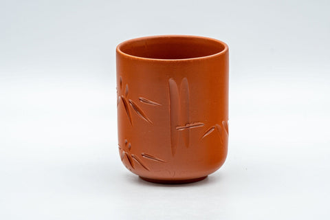Japanese Teacup - Bamboo Engraved Tokoname-yaki Yunomi - front view of a single red cup