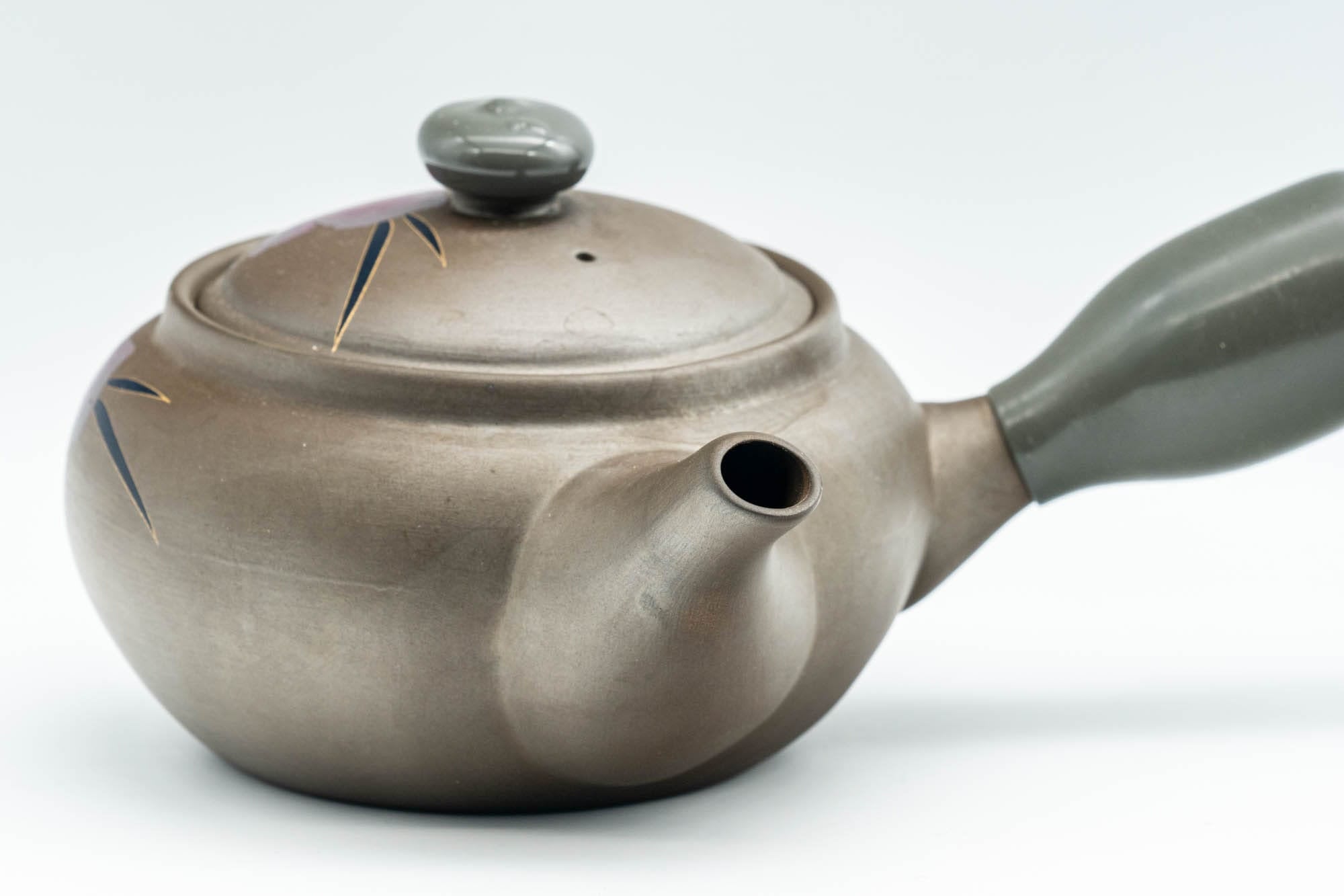 Japanese Kyusu - Grey and Pink Floral Teapot with Rubber Grip - 380ml - Tezumi