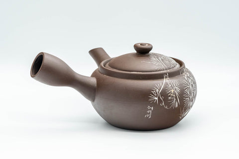 Tezumi — Japanese Kyusu - Brown and White Bamboo Teapot - 375ml — side view with the lid and side handle