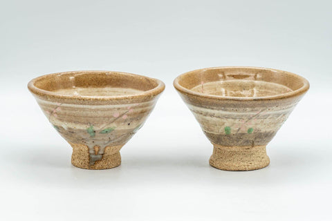 Tezumi — Japanese Teacups - Pair of Floral Beige Hakeme Yunomi - 80ml — three-quarter view