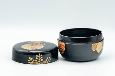 Japanese Natsume - Hira-Natsume Chrysanthemum Lacquer Matcha Tea Caddy - 100ml - lid set beside the open caddy base
