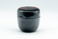 Japanese Natsume - Egrets Lacquer Matcha Tea Caddy - 100ml - overhead view showing the red egret decoration on the lid
