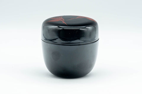 Japanese Natsume - Egrets Lacquer Matcha Tea Caddy - 100ml - overhead view showing the red egret decoration on the lid