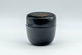 Japanese Natsume - Jeweled Lacquer Matcha Tea Caddy - 100ml - closed, upright side view of the black lacquer caddy