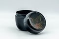 Japanese Natsume - Jeweled Lacquer Matcha Tea Caddy - 100ml - three-quarter view with the lid tilted off against the body, showing the painted floral and jeweled lid