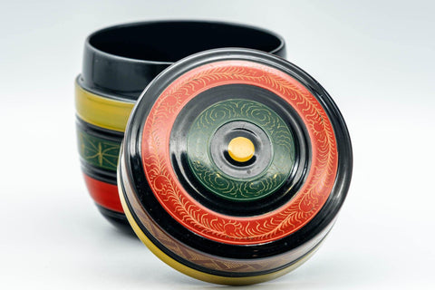 Japanese Natsume - Geometric Green, Red, and Yellow Striped Matcha Caddy - 100ml - Tezumi