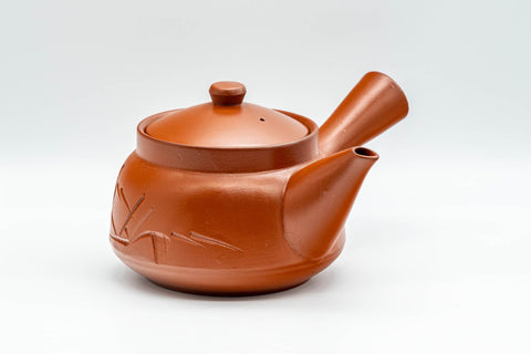 Japanese Tea Set - Bamboo Tokoname-yaki Debeso Kyusu Teapot with 5 Yunomi Teacups - side view of the Tokoname-yaki teapot with the side handle