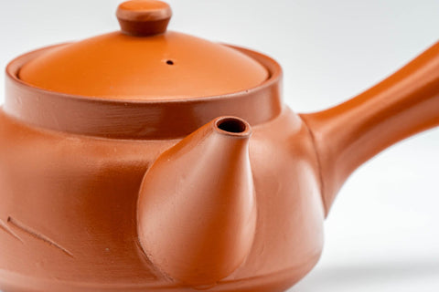 Japanese Tea Set - Bamboo Tokoname-yaki Debeso Kyusu Teapot with 5 Yunomi Teacups - side view showing the engraved bamboo motif