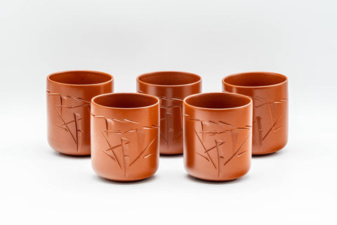 Japanese Teacup - Bamboo Tokoname-yaki Yunomi - front view of several brick-red Tokoname-yaki cups grouped together