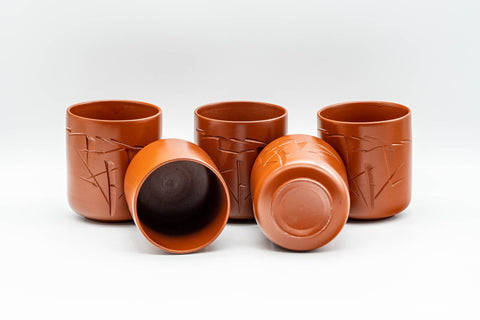 Japanese Teacup - Bamboo Tokoname-yaki Yunomi - group of cups with one tilted to show the interior