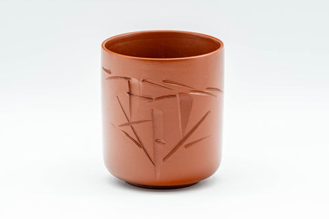 Japanese Teacup - Bamboo Tokoname-yaki Yunomi - front view of a single cup showing the engraved bamboo motif