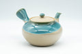 Japanese Tea Set - 上野焼 Agano-yaki Debeso Kyusu Teapot with 4 Yunomi Teacups - side profile of the teapot with the handle to the left