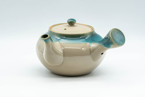 Japanese Tea Set - 上野焼 Agano-yaki Debeso Kyusu Teapot with 4 Yunomi Teacups - three-quarter view of the teapot showing the spout and turquoise-glazed rim