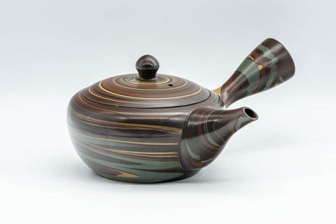 Japanese Kyusu - Nobuyasu Nerikomi Tokoname-yaki Teapot - 275ml - side view showing the side handle and spout in marbled brown clay