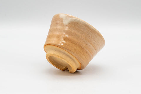 Japanese Teacups - Pair of Beige Asagao-gata Hagi-yaki Yunomi - 110ml - one cup inverted to show the foot
