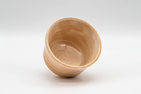 Japanese Teacups - Pair of Beige Asagao-gata Hagi-yaki Yunomi - 110ml - a single cup tilted to show the rim