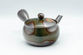 Tezumi — Japanese Kyusu - Green Ash Glazed Banko-yaki (萬古焼) Teapot - 275ml — side view with the lid and side handle