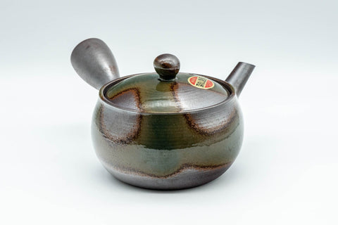 Tezumi — Japanese Kyusu - Green Ash Glazed Banko-yaki (萬古焼) Teapot - 275ml — side view with the lid and side handle