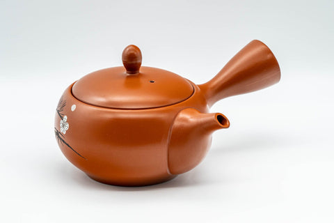 Tezumi — Japanese Kyusu - Plum Blossom Tokoname-yaki Teapot - 350ml — side view with the lid and side handle