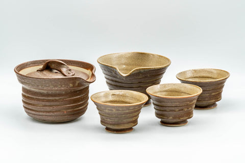 Japanese Tea Set - 大西忠左 Tadashi Onishi - Shigaraki-yaki Shiboridashi Teapot - Katakuchi Water Cooler - 3 Yunomi Teacups