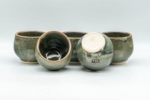 Tezumi — Japanese Tea Set - Green Drip-Glazed Debeso Kyusu Teapot with 5 Yunomi Teacups — additional view