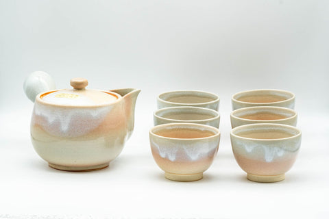 Japanese Tea Set - Tsubaki Kiln Hagi-yaki Kyusu Teapot with 6 Yunomi Teacups - full set with the kyusu teapot and six matching yunomi teacups