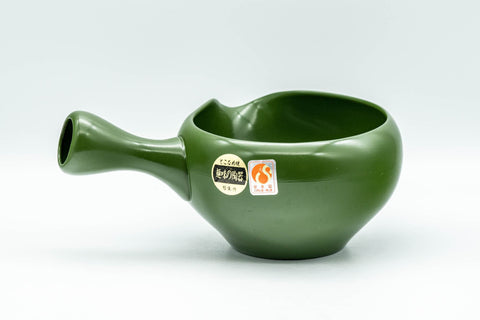 Japanese Yuzamashi - Green Ryokudei Tokoname-yaki Water Cooler - 300ml - three-quarter front view showing the pouring spout and side handle