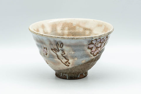 Japanese Matcha Bowl - Happy Rabbits Sakura Gohonte Chawan - 200ml - front view showing rabbits and falling sakura blossoms