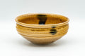Japanese Matcha Bowl - Ki-Seto Uniquely Shaped Chawan - 300ml - side view showing the green glaze accents on the Ki-Seto bowl