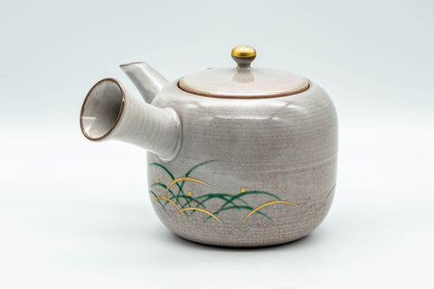 Tezumi — Japanese Kyusu - Grey Glazed Gold Decorated Debeso Teapot - 350ml — side view with the lid and side handle