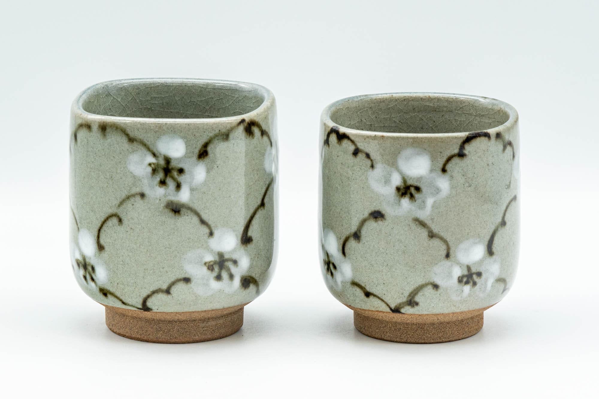 Japanese Teacups - Pair of Floral Meoto Obori Soma-yaki Yunomi