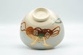 Japanese Matcha Bowl - Floral Kyo-yaki Chawan - 400ml - angled view showing the gilded samurai helmet motif