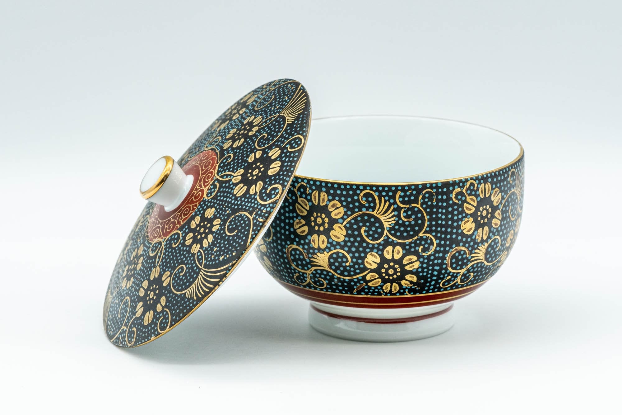 Japanese Teacup - 九谷焼 Floral Aochibu Kutani-yaki Porcelain Lidded Yunomi - 120ml