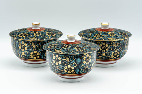 Japanese Teacup - 九谷焼 Floral Aochibu Kutani-yaki Porcelain Lidded Yunomi - 120ml