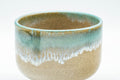 Japanese Teacups - Pair of Drip-Glazed Agano-yaki Yunomi - 140ml - closeup of one cup showing the turquoise drip over the beige body