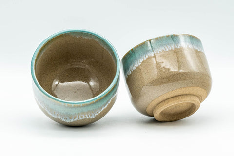 Japanese Teacups - Pair of Drip-Glazed Agano-yaki Yunomi - 140ml - angled view from above showing the interiors of both cups