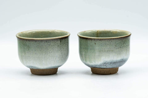 Tezumi — Japanese Teacups - Pair of Green Drip-Glazed Yunomi - 100ml — front view from another angle