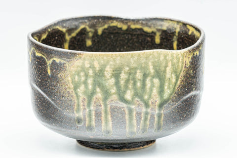 Japanese Matcha Bowl - Green Ash-Glazed Wabi-Sabi Chawan - 350ml - front view showing the green ash-glaze drips