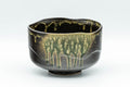 Japanese Matcha Bowl - Green Ash-Glazed Wabi-Sabi Chawan - 350ml - side view showing the green ash-glaze drips on the black bowl