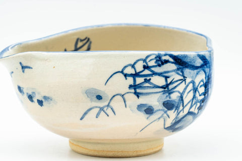 Japanese Katakuchi - Beige and Blue Illustrated Hagi-yaki Water Cooler - 125ml - Tezumi