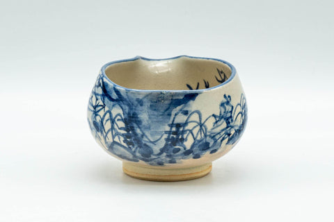 Japanese Katakuchi - Beige and Blue Illustrated Hagi-yaki Water Cooler - 125ml - Tezumi