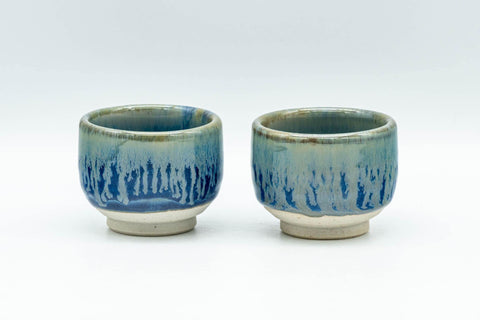 Japanese Teacups - Pair of Blue Drip-Glazed Guinomi - 35ml - Tezumi