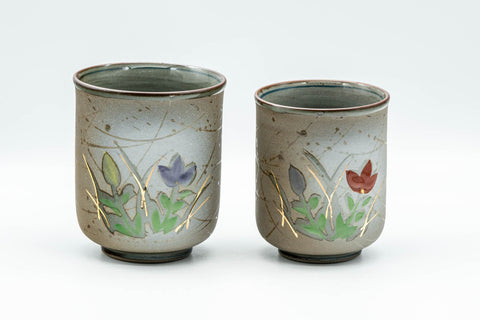 Japanese Teacups - Pair of Floral Green Meoto Yunomi - Arita-yaki - front view of the pair showing the painted flowers