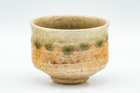 Japanese Teacups - Pair of Shigaraki-yaki Guinomi - 60ml - a single guinomi showing the green glazed lip over warm orange stoneware