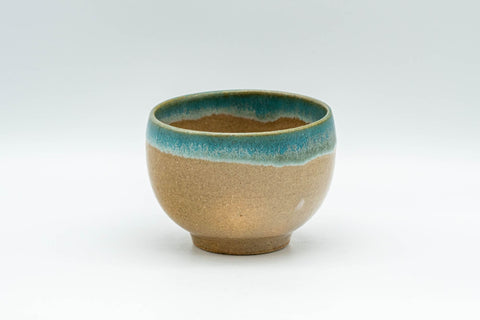 Japanese Teacup - 上野焼 Gold-flecked Agano-yaki Yunomi - 80ml - side view of the yunomi showing the turquoise glaze along the rim
