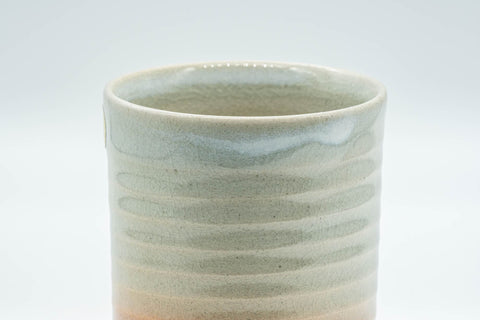 Japanese Teacup - Spiral Tsutsu-gata Hagi-yaki Yunomi - 150ml - closeup of the spiral ribbed glaze texture on the side