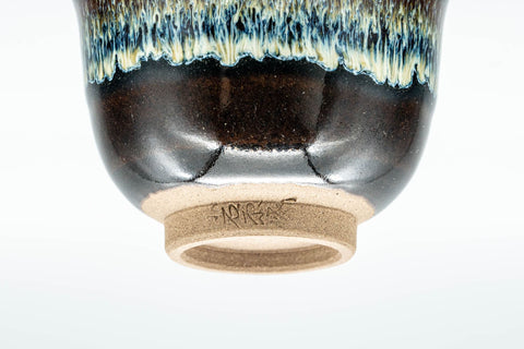 Japanese Teacups - Set of 5 Drip-Glazed Yunomi - 80ml - closeup of the blue-green drip glaze over the black body